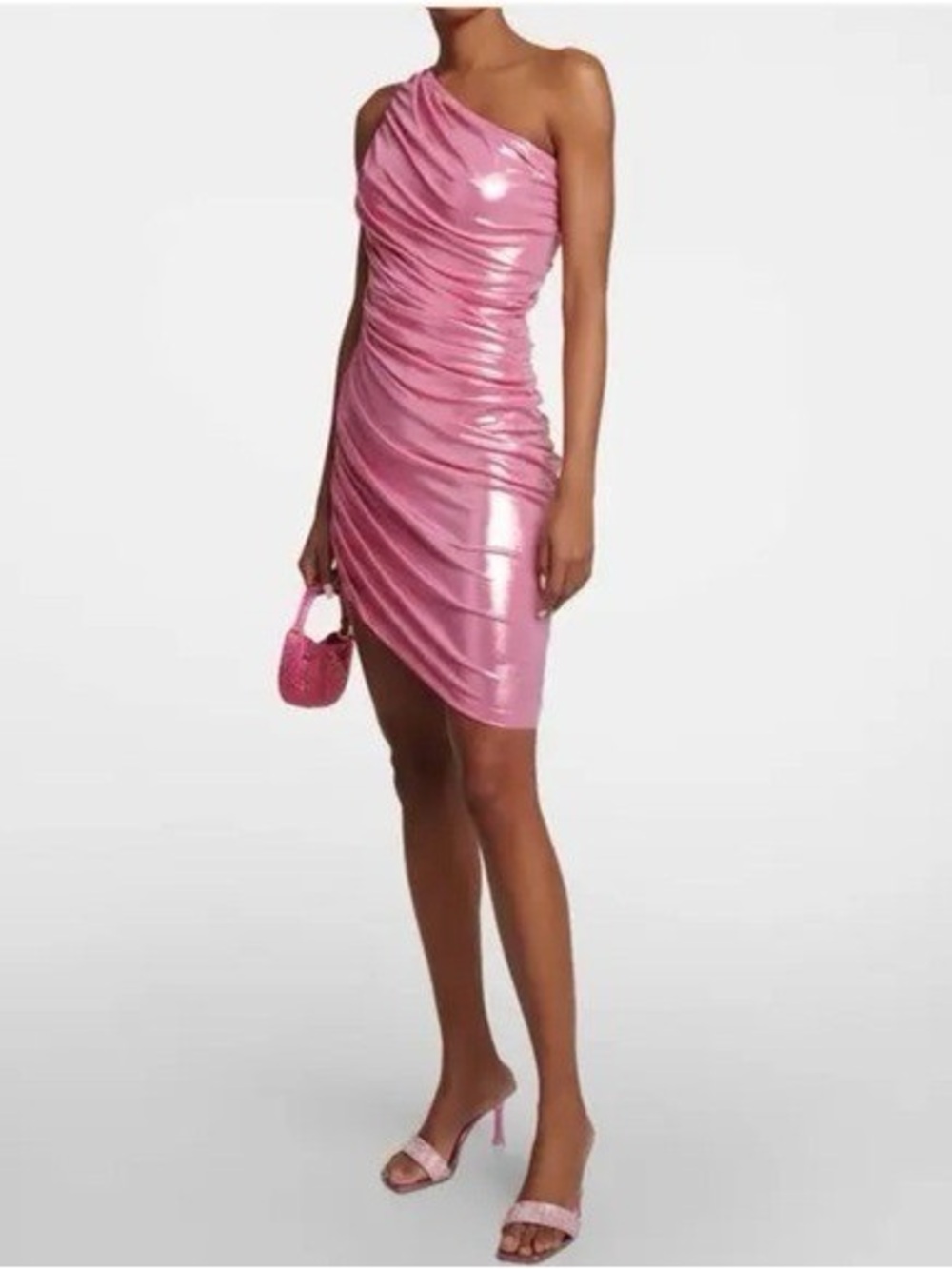 Norma Kamali Shiny One-Shoulder Ruched Pink Cocktail Dress